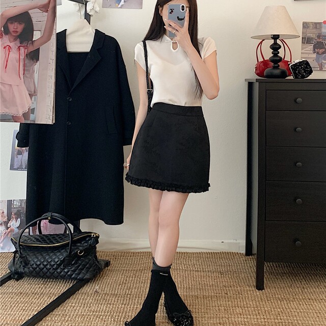 New Chinese style skirt for women in spring and summer large size high-waisted ruffled short skirt covering hips to make them look slim in the wood ear a-line skirt