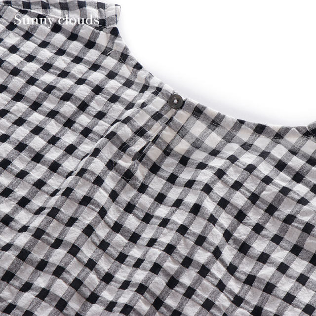 Sunny clouds Women's cotton puff flared sleeve black and white plaid hoodie hood