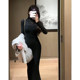 French Hepburn Wind Black slightly transparent base knitted dress women's winter slim inside hip fishtail long skirt
