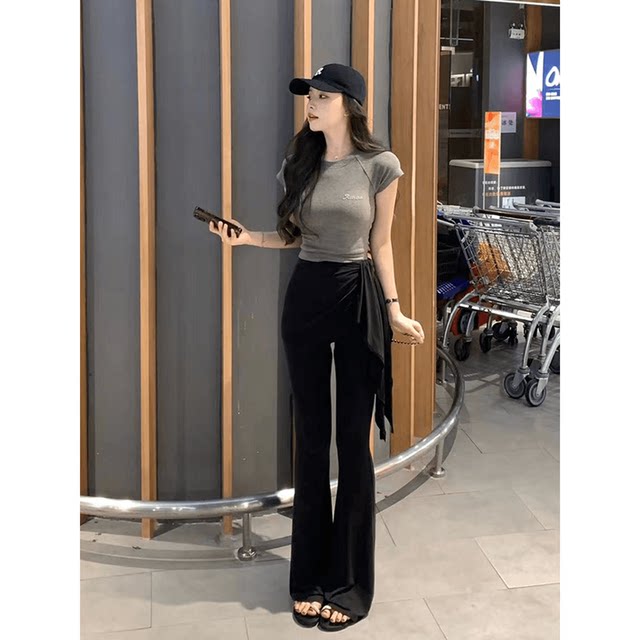 American-style front shoulder letter embroidered gray short-sleeved T-shirt for women's summer 2025 new slim fit and sexy girl short top