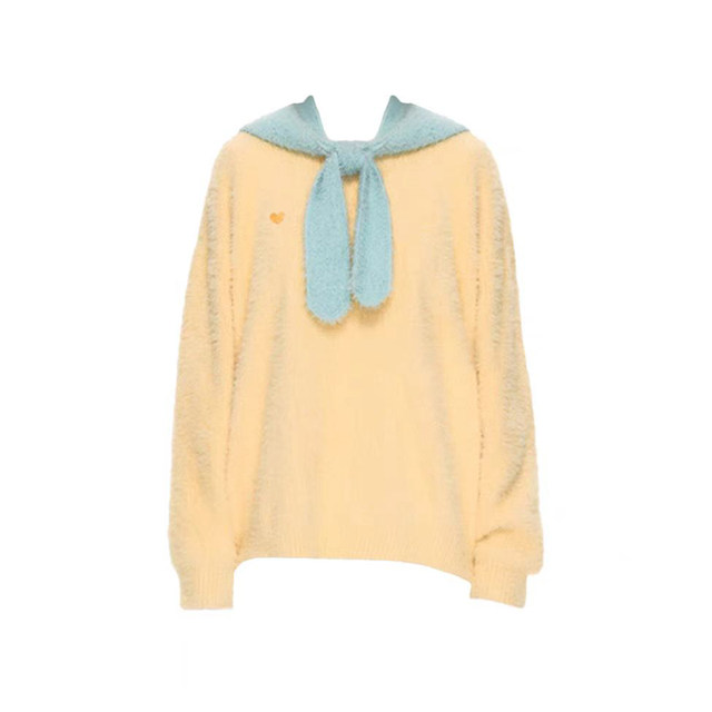 Yellow round neck pullover mink velvet sweater for women in autumn and winter thickened loose lazy style knitted sweater top for small people