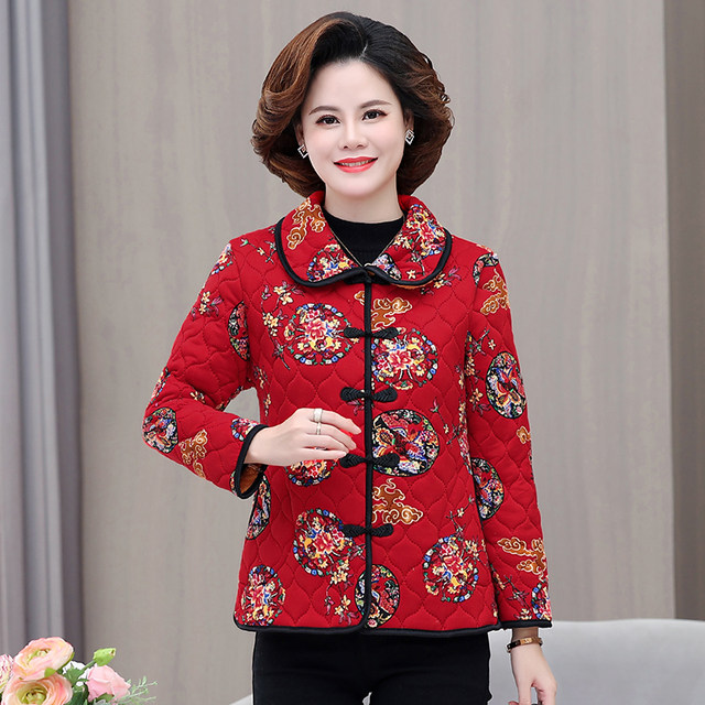 Middle-aged mother in autumn and winter retro Tang Dynasty cotton coat cardigan jacket women's plaid plus velvet cotton jacket thickened floral cotton jacket