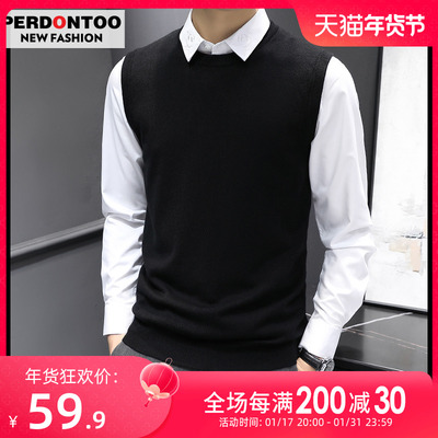 taobao agent Demi-season knitted men's vest, black sweater, long-sleeve, 2023 collection, sleevless