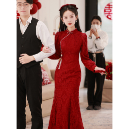 Fishtail Cheongsam Toasting Bride Winter High-end Atmosphere Lace Long Sleeves Wedding Dress Red Dress Engagement Dress