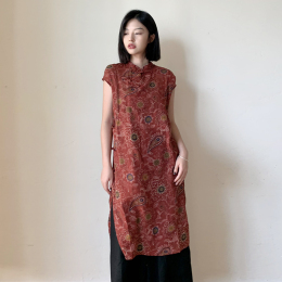 Light Chinese All Cotton Printed Improved Cheongsam Collar Short Sleeves Loose Thin Medium Skirt Crotch Slanting Wrap Thin Dress