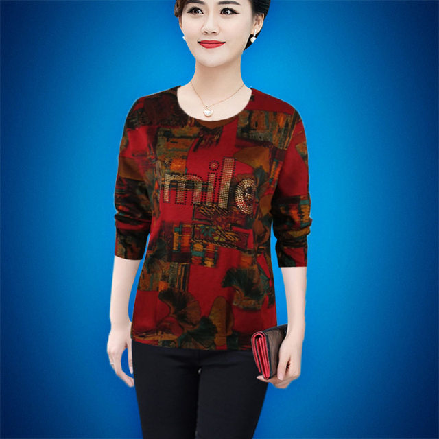 Mom pretend to be spring and autumn new middle -aged women's clothing autumn clothing long sleeves, middle -aged cotton cotton bottom shirt top
