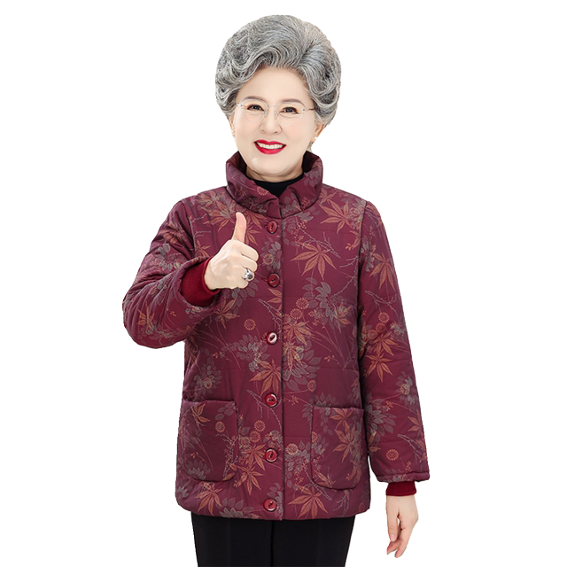 The elderly cotton jacket female grandmother's winter dress, cotton jacket plus velvet thick old lady cotton jacket stand -up collar mother winter jacket