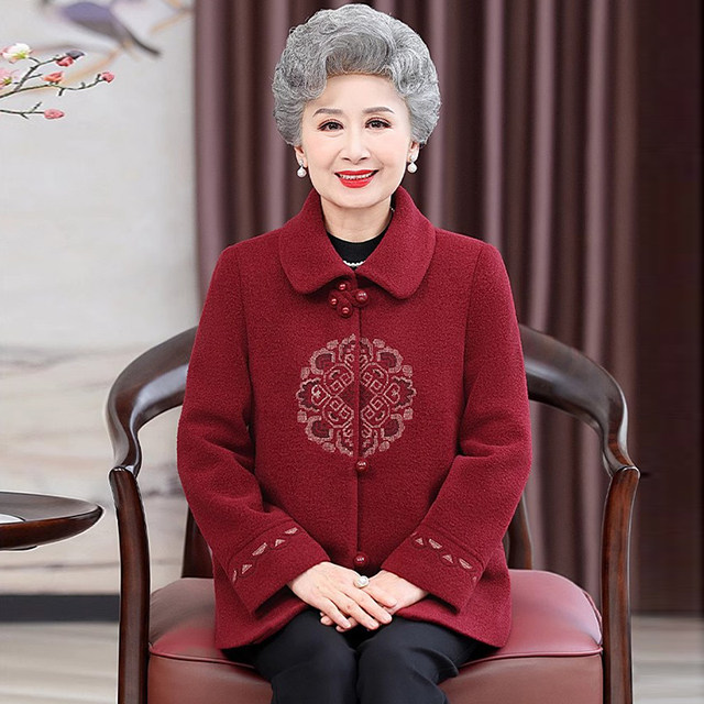 Elderly women's clothing, grandma's winter woolen coat, middle-aged and 60-year-old mother-in-law's autumn and winter thickened woolen and cotton tops