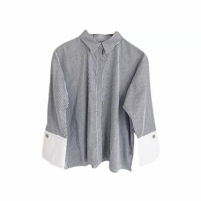 Korean striped loose long-sleeved women's shirt pure cotton gray slim Korean version OL women's foreign trade new style 0779