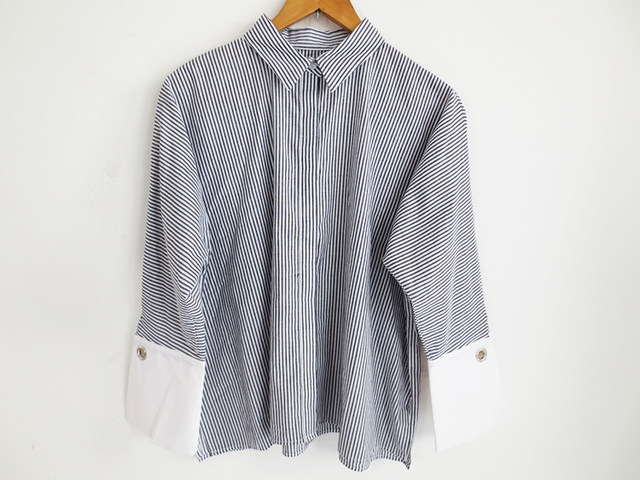 Korean striped loose long-sleeved women's shirt pure cotton gray slim Korean version OL women's foreign trade new style 0779