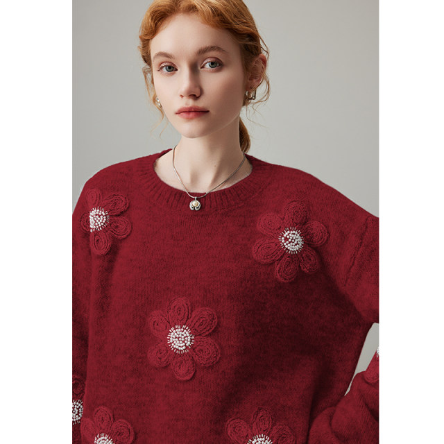 dfvc New Year Red Wool Short Round Neck Sweater Women's 2025 Winter New Flower Lazy Knitted Sweater