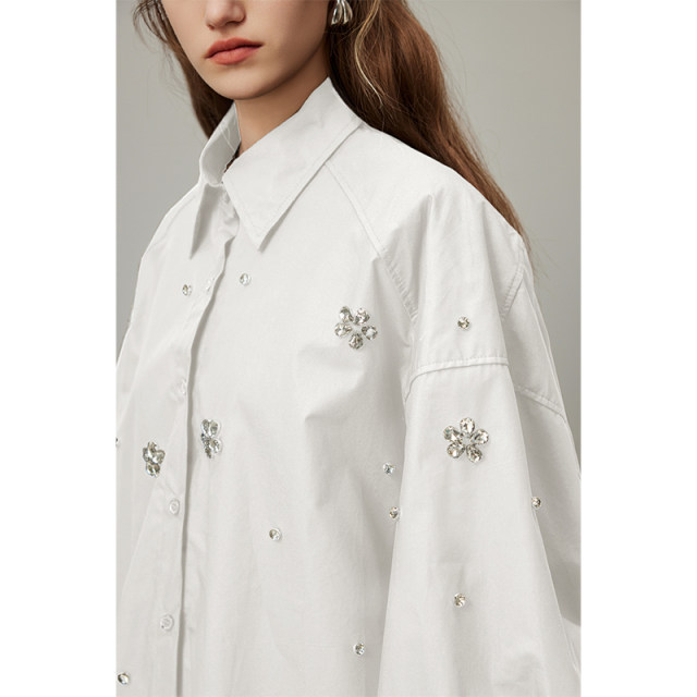 dfvc black cotton long-sleeved shirt for women in spring 2025 new beads loose slimming mid-length shirt
