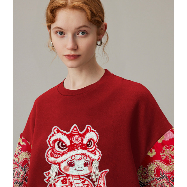 DFVC New Chinese National Wind Short Sleeve T -shirt Female 2024 Winter New Embroidery Round Neck Loose Top
