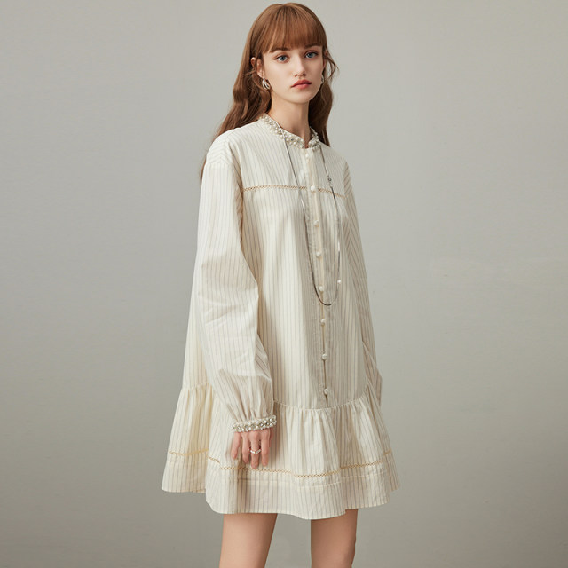 dfvc casual cotton shirt dress for women 2025 spring new striped spliced ​​belt loose doll skirt