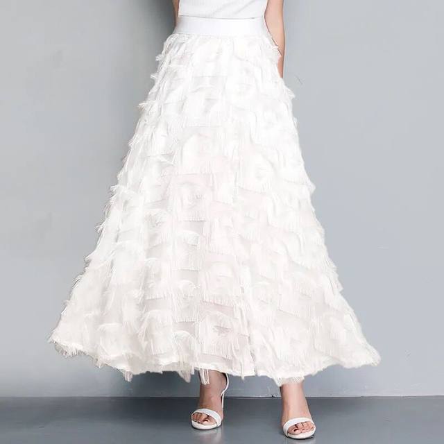 2025 summer new chiffon high-waisted versatile fairy sweet puffy tassel A-line skirt skirt large size long skirt