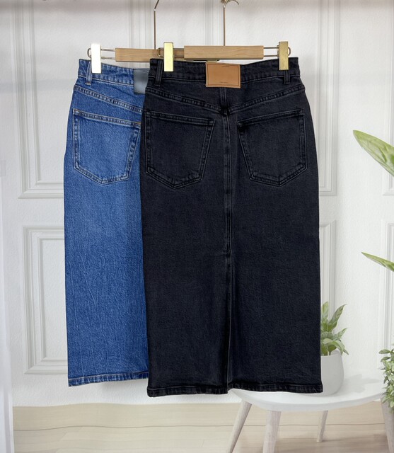 Women's foreign trade denim blue charcoal black invisible buttons, wide cotton slit straight denim skirt