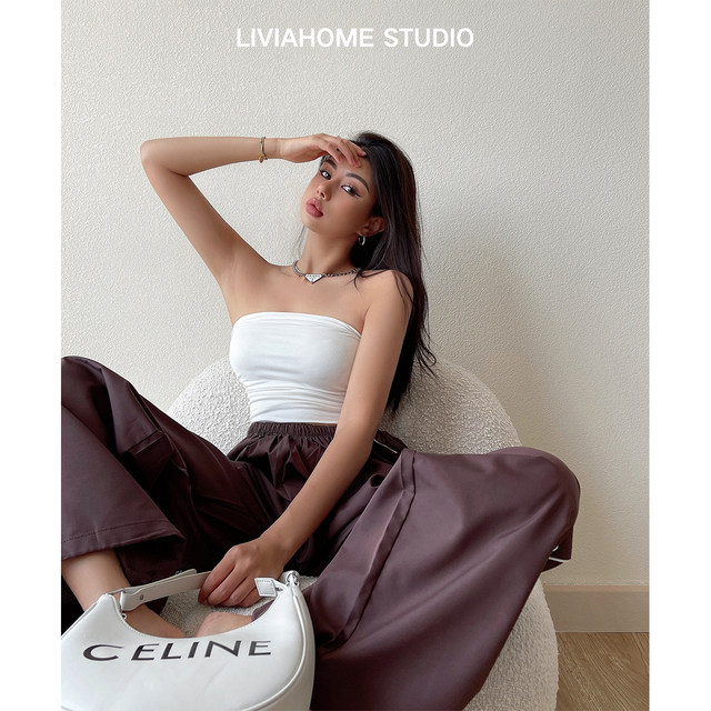 liviahome sexy flat-mouth strapless tight elastic bottoming pleated short navel-baring tube top top