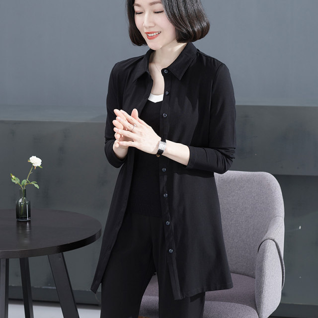 Mid -long shirt female covers her ass, fashion spring and autumn new cardigan, wearing a shirt outside Modal long sleeve top