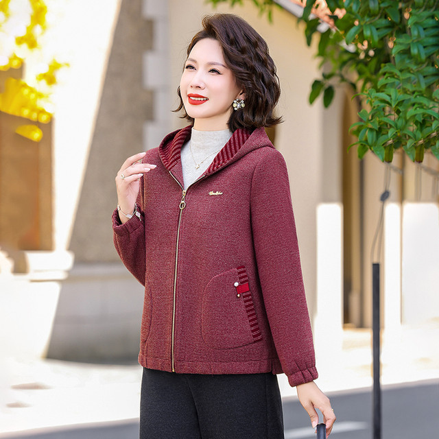 Mom Autumn Clothing 2025 New Hooded Jacket Middle-aged and Elderly Women's Casual Tops Spring and Autumn Zipper Trench Jacket