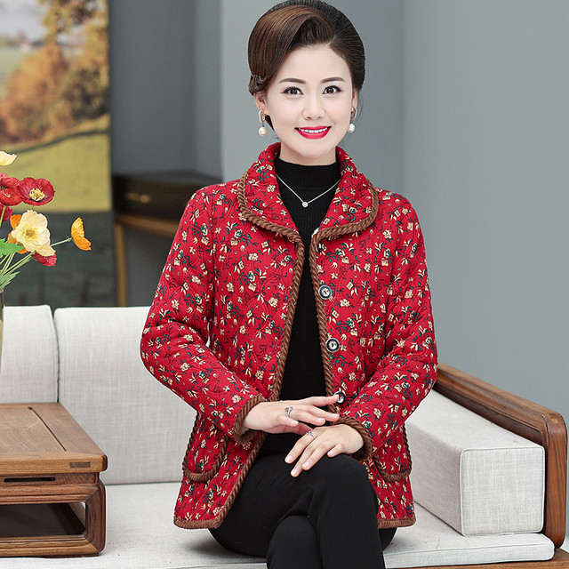 Mom's autumn and winter cotton coat 50-year-old middle-aged and elderly women's large size plus velvet warm floral grandma wears small cotton coat