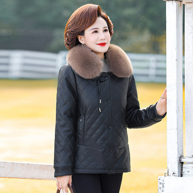 Mom winter jacket plus velvet cotton jacket middle -aged women's PU waging cotton clothes middle -aged and old autumn and winter thickened new cotton jacket