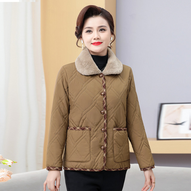 Mother's autumn and winter thin cotton-padded coat plus velvet warm cotton coat, fashionable middle-aged and elderly women's spring and autumn small cotton-padded jacket