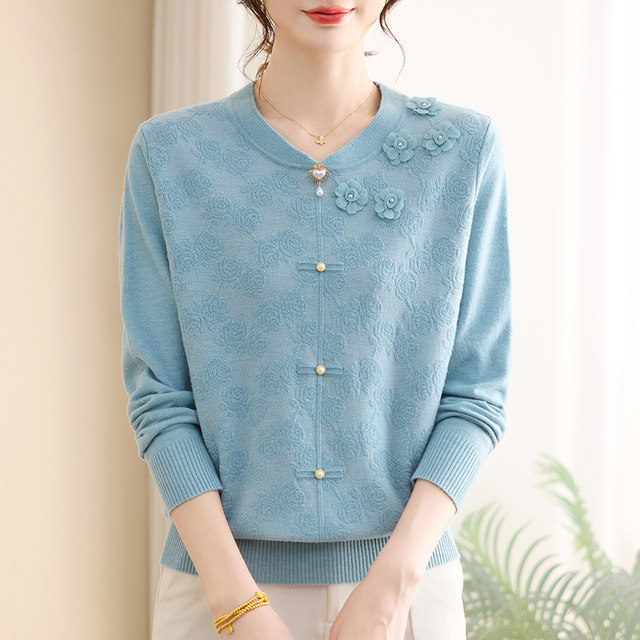 Mom wear spring and autumn long-sleeved bottom shirt middle-aged ladies loose top clothes middle-aged and elderly people autumn and winter suit thin sweater