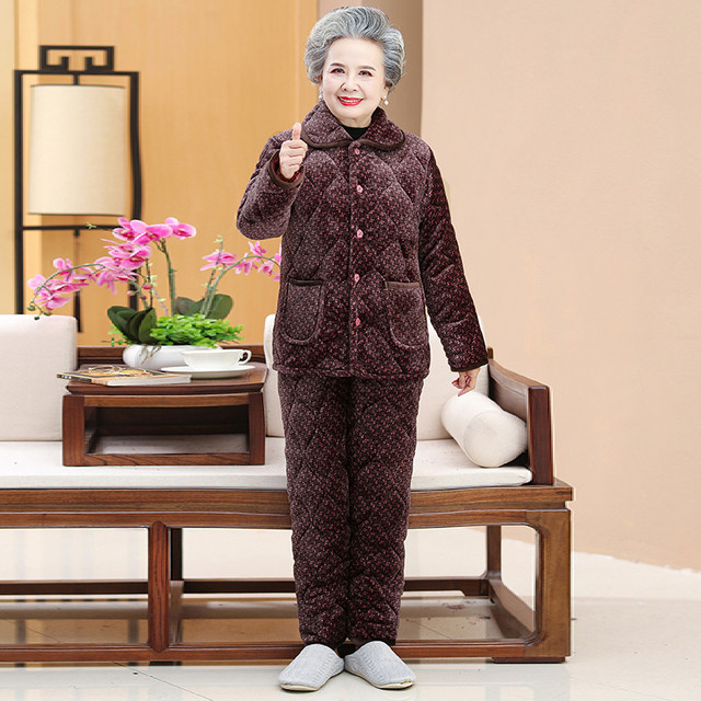 Middle-aged and elderly autumn and winter clothing plus velvet quilted pajamas set grandma thickened home cotton clothing mother cotton coat jacket women