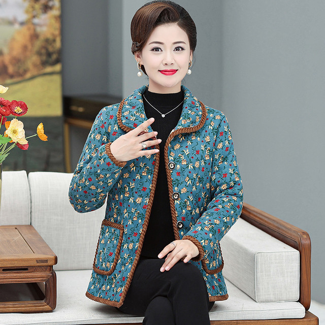Mom's autumn and winter cotton coat 50-year-old middle-aged and elderly women's large size plus velvet warm floral grandma wears small cotton coat
