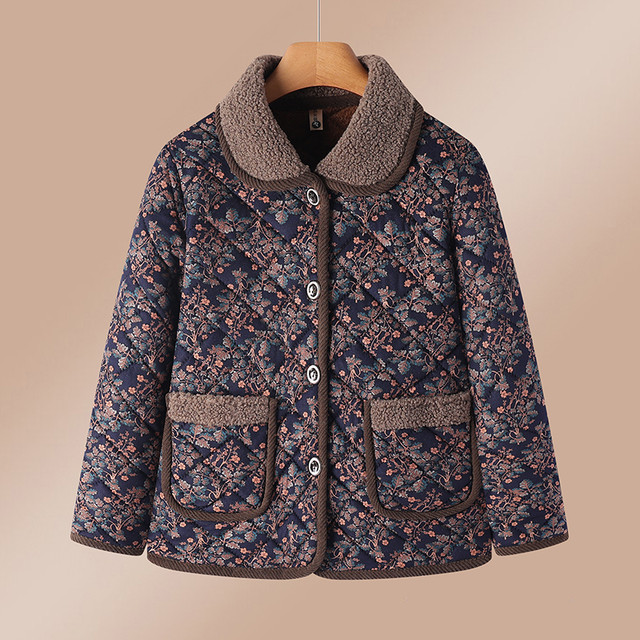 2025 new mother winter jacket short cotton jacket plus velvet thick cotton jacket middle -aged and elderly women's autumn and winter flower cotton jacket