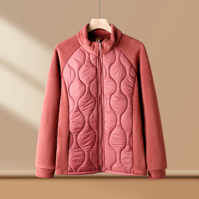 Middle-aged and elderly women's clothing, autumn and winter clothing, mother's clothing, casual polar fleece splicing quilted jacket, thin cotton coat, light weight