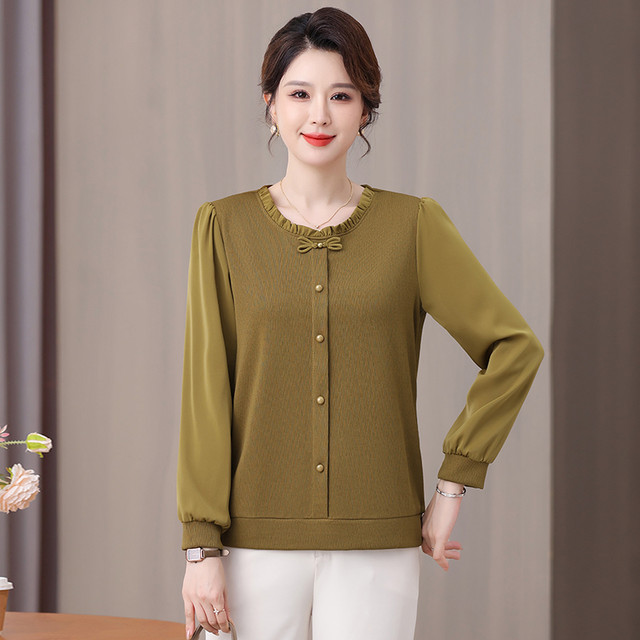Mom's shirt spring and autumn fashionable long-sleeved T-shirt 2025 new style middle-aged and elderly women's autumn knitted base top