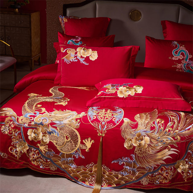 Chinese dragon and phoenix embroidery cotton four-piece wedding pure cotton red wedding quilt cover festive long-staple cotton gift bedding