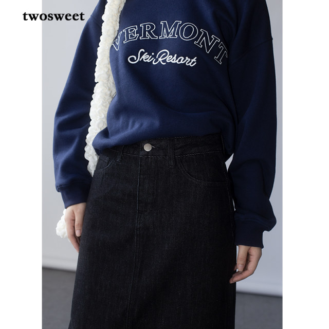 twosweet four-season commuting denim black skirt/not faded high waist straight tube small A slim mid-length skirt for women

