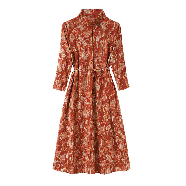High -neck dress 2024 new autumn and winter medium long printed A -line skirt long sleeves loose high -end high size thin girl

