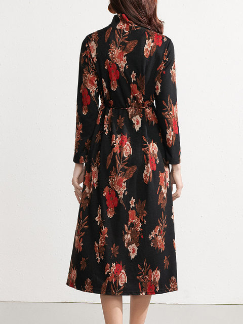 High -neck dress 2024 new autumn and winter medium long printed A -line skirt long sleeves loose high -end high size thin girl
