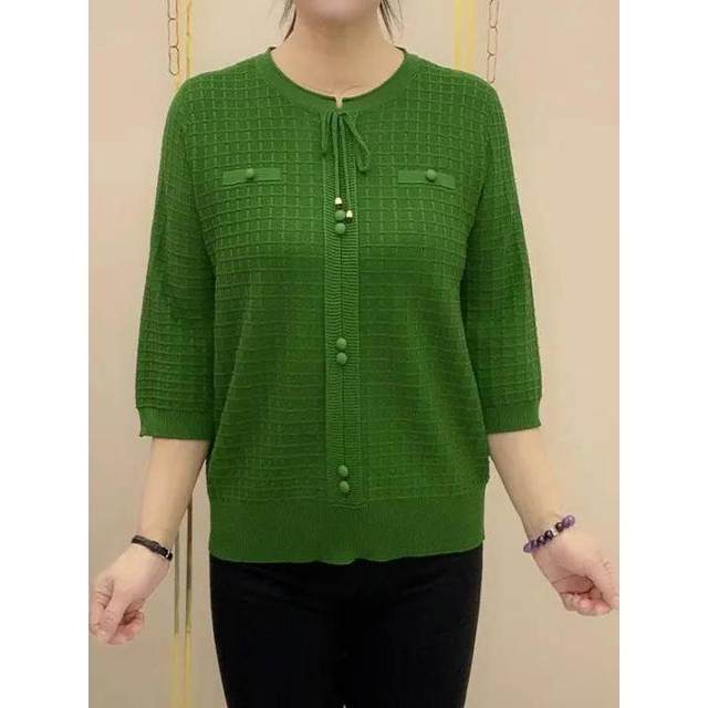 Early autumn thin casual solid color versatile round neck mid-sleeved tie-up vertical buckle T-shirt women's top short base shirt