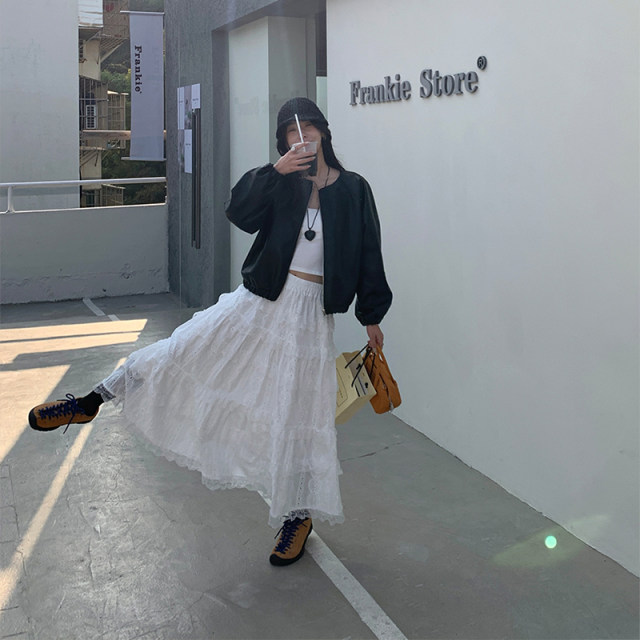 French retro ballet style cake puffy skirt for women 2025 spring Korean lace spliced ​​skirt A-line long skirt winter