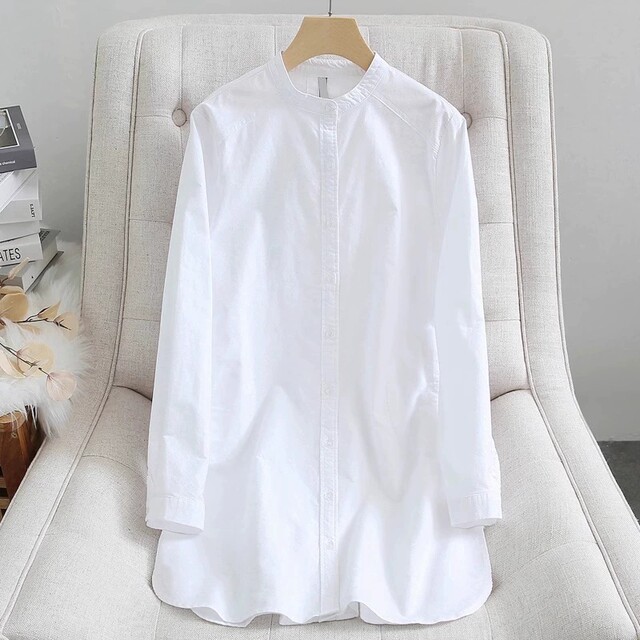 French high-end white long-sleeved shirt for women 2025 spring loose slim stand collar mid-length sunscreen cardigan top
