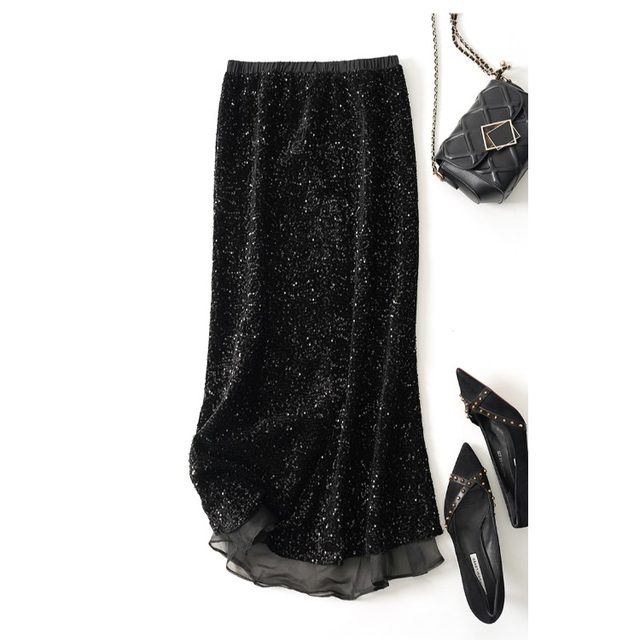 Sequenant net gauze stitching fishtail skirt velvet body skirt female autumn and winter high waist bag hip skirt loose waist and thin waist one step skirt

