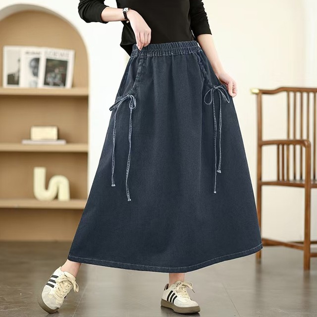 Retro old grinding white denim skirt for women in spring and autumn large size fat mm fashionable lace-up mid-length A-line large hem skirt
