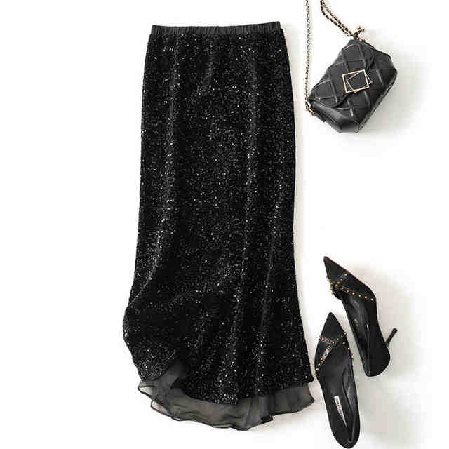 Sequenant net gauze stitching fishtail skirt velvet body skirt female autumn and winter high waist bag hip skirt loose waist and thin waist one step skirt

