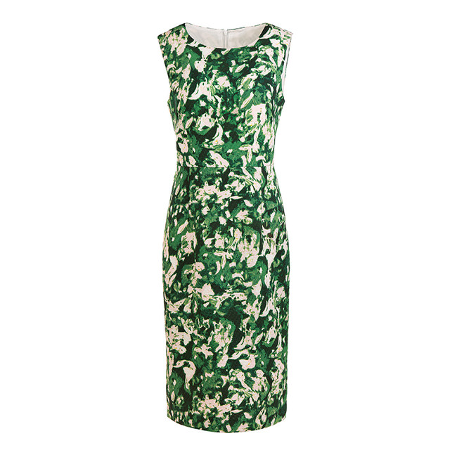 Famous teacher road green and white printed sleeveless dress for autumn women's new mid-waist slim commuting round neck intellectual