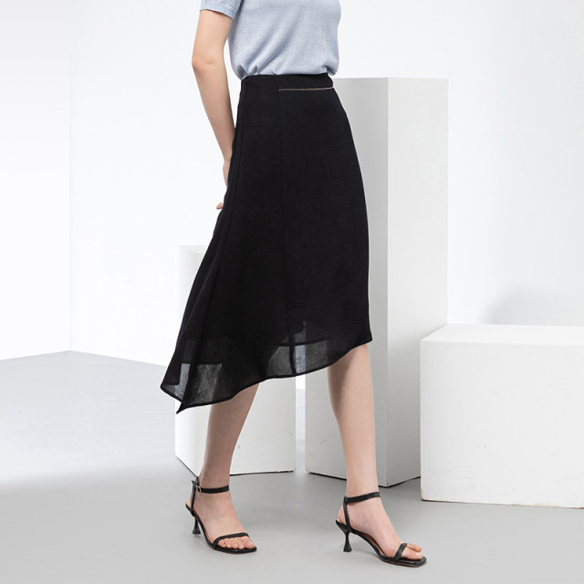 Famous teacher road asymmetrical A-line skirt for women's summer new natural waist midskirt black commuting elegant