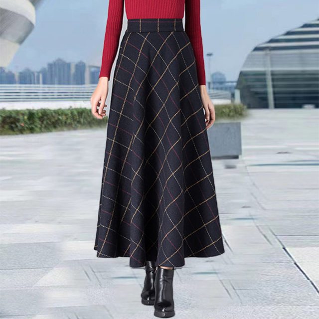 Woolen versatile long skirt in autumn and winter black big sway A-line skirt 2023 new umbrella skirt high waist slim skirt