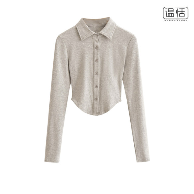 American retro Polo collar single-breasted long-sleeved shirt for women slim hot girl curved hem short T-shirt