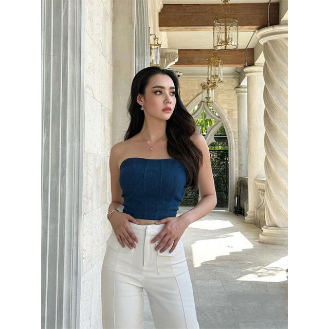 New summer slim and sexy strapless denim top high waist white trousers casual suit