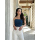 New summer slim and sexy strapless denim top high waist white trousers casual suit