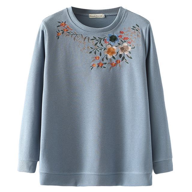 Middle-aged and elderly women's clothing spring and autumn new embroidered long-sleeved sweatshirt middle-aged mother loose large-size round-neck base shirt top