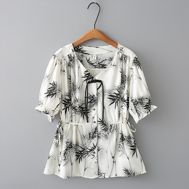 Ink printing waist-hugging strap buckle chiffon age-reducing shirt summer large size loose belly-covering short-sleeved versatile top